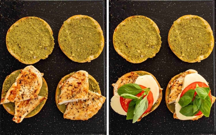 process shots showing how to make grilled chicken caprese sandwich.