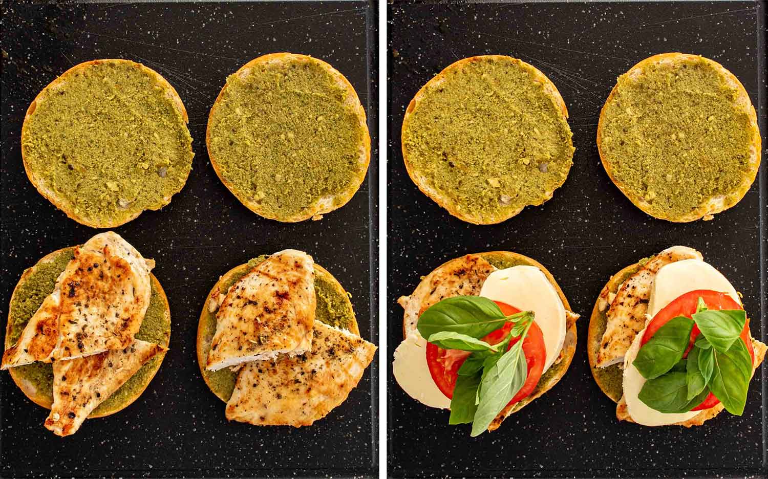 process shots showing how to make grilled chicken caprese sandwich.