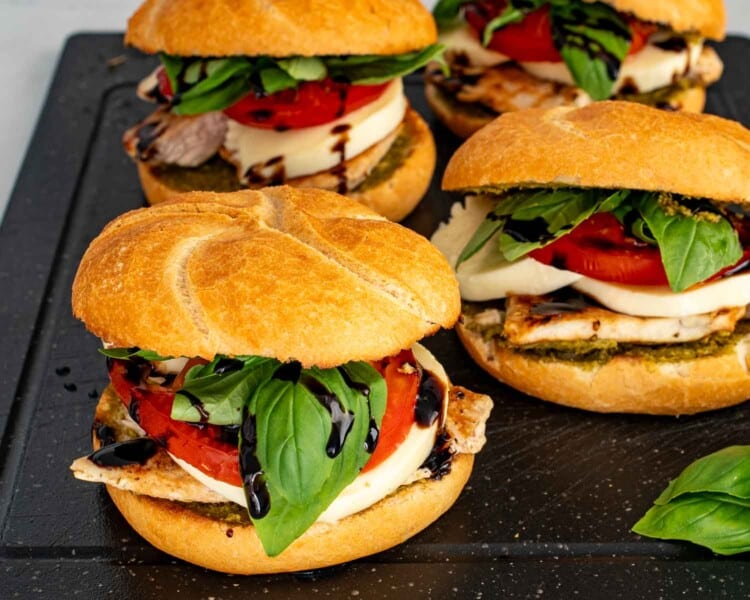 process shots showing how to make grilled chicken caprese sandwich.