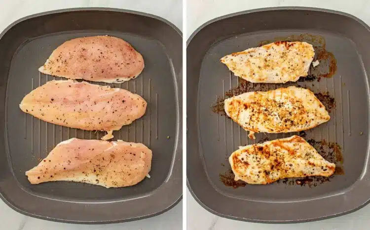 process shots showing how to make grilled chicken caprese sandwich.