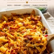 Million Dollar Beef Casserole in baking dish with elegant text overlay highlighting rich, creamy, cheesy family-favorite comfort food.