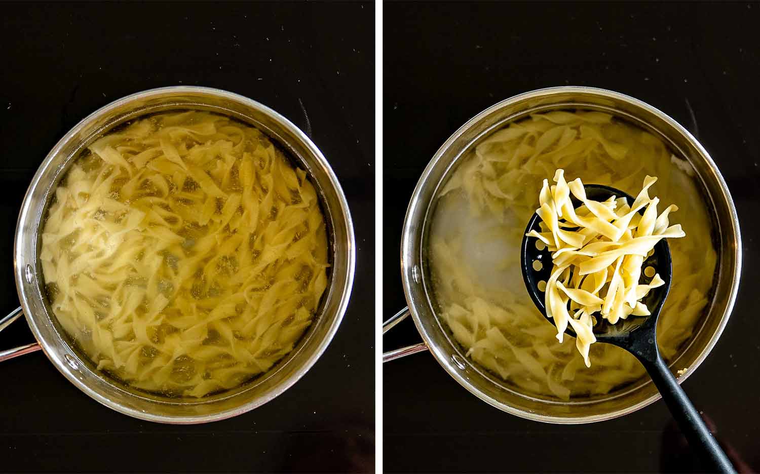 Egg noodles boiling in large pot and being lifted from water after cooking until tender.