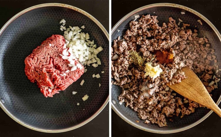 Raw ground beef and diced onions cooking together in skillet as flavorful casserole base.