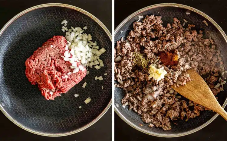 Raw ground beef and diced onions cooking together in skillet as flavorful casserole base.