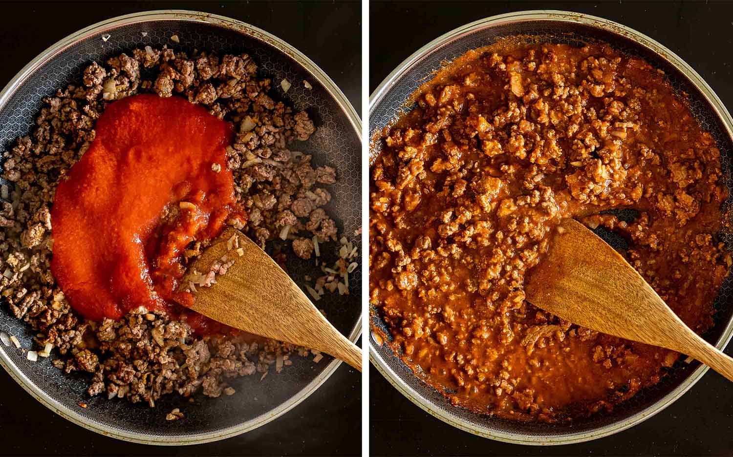 Seasoned ground beef simmering with tomato sauce in skillet until thick, rich, and flavorful.