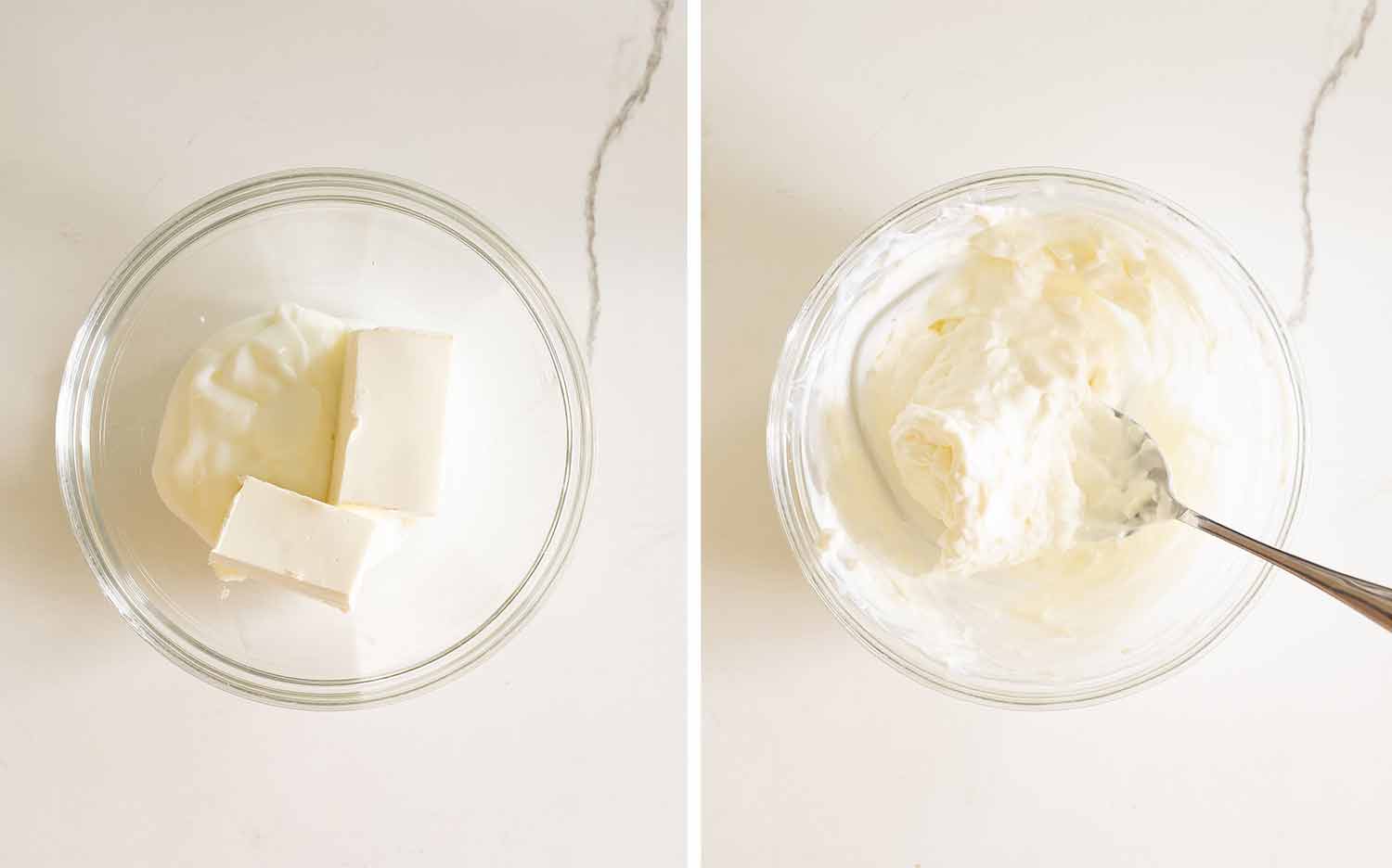 Softened cream cheese and sour cream mixed together until smooth and creamy for casserole layering.