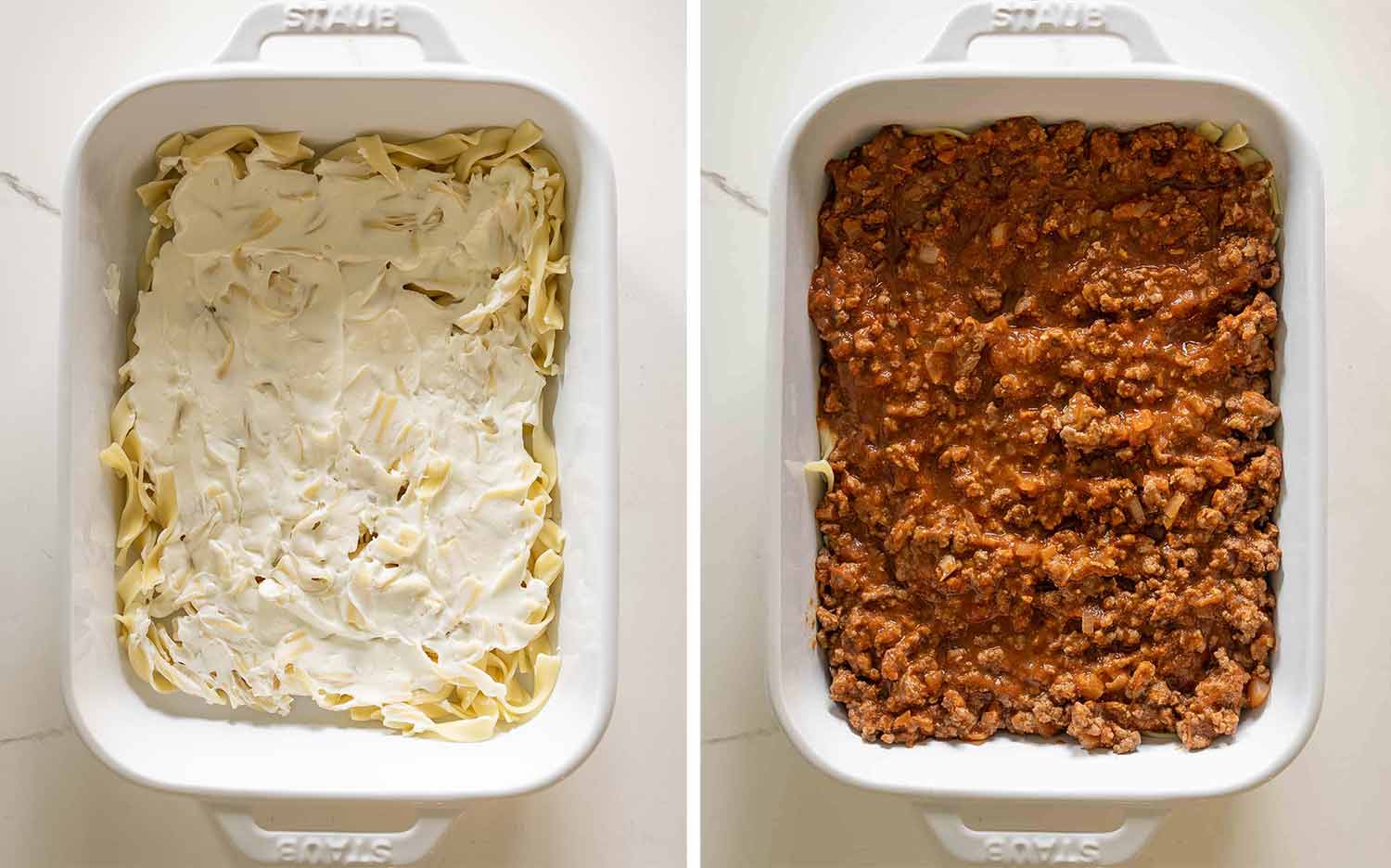 Cream cheese mixture spread over noodles and topped with savory seasoned beef sauce in casserole dish.