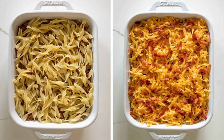 Egg noodles layered over seasoned beef mixture, then topped with cheddar cheese and bacon before baking.