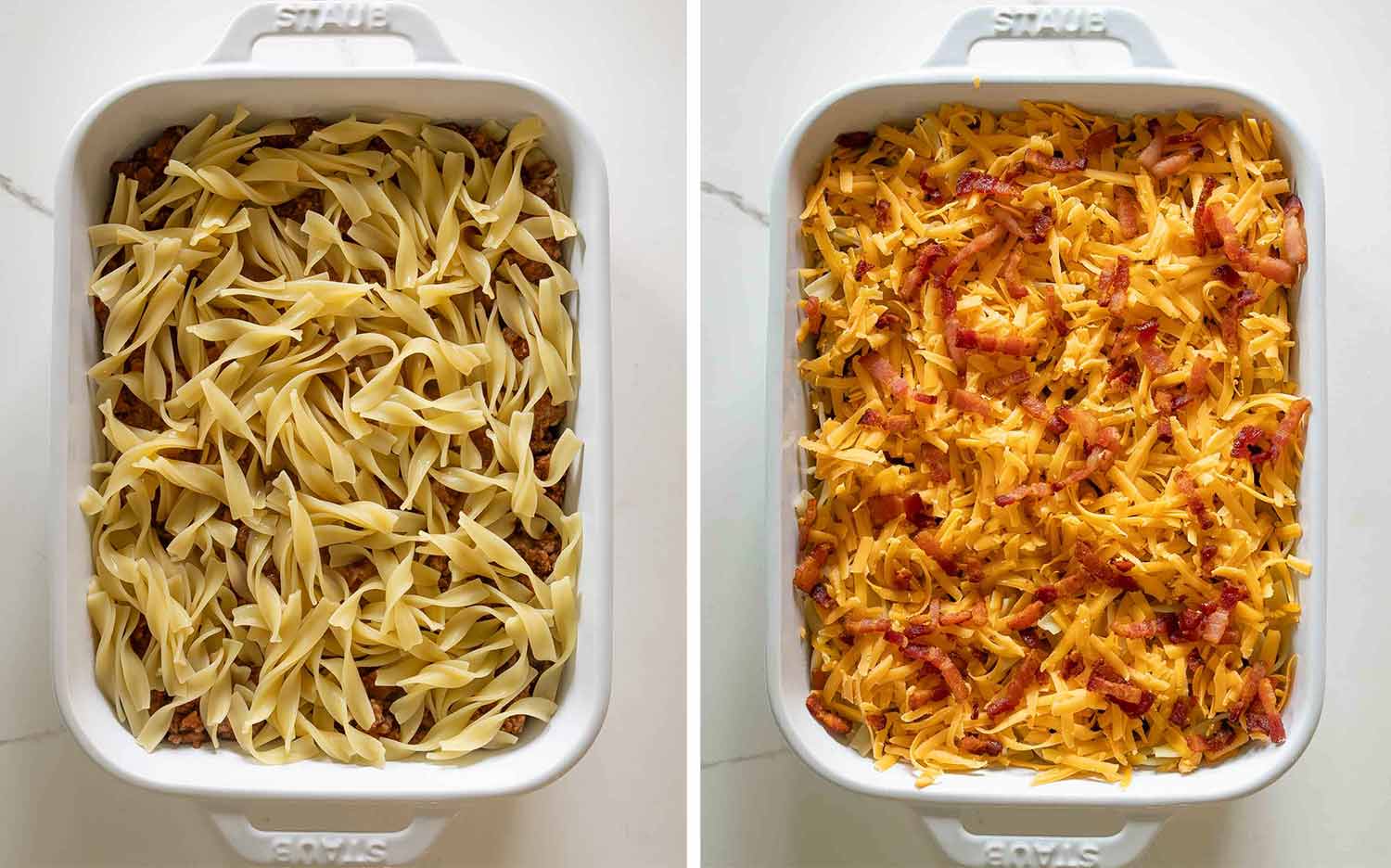 Egg noodles layered over seasoned beef mixture, then topped with cheddar cheese and bacon before baking.