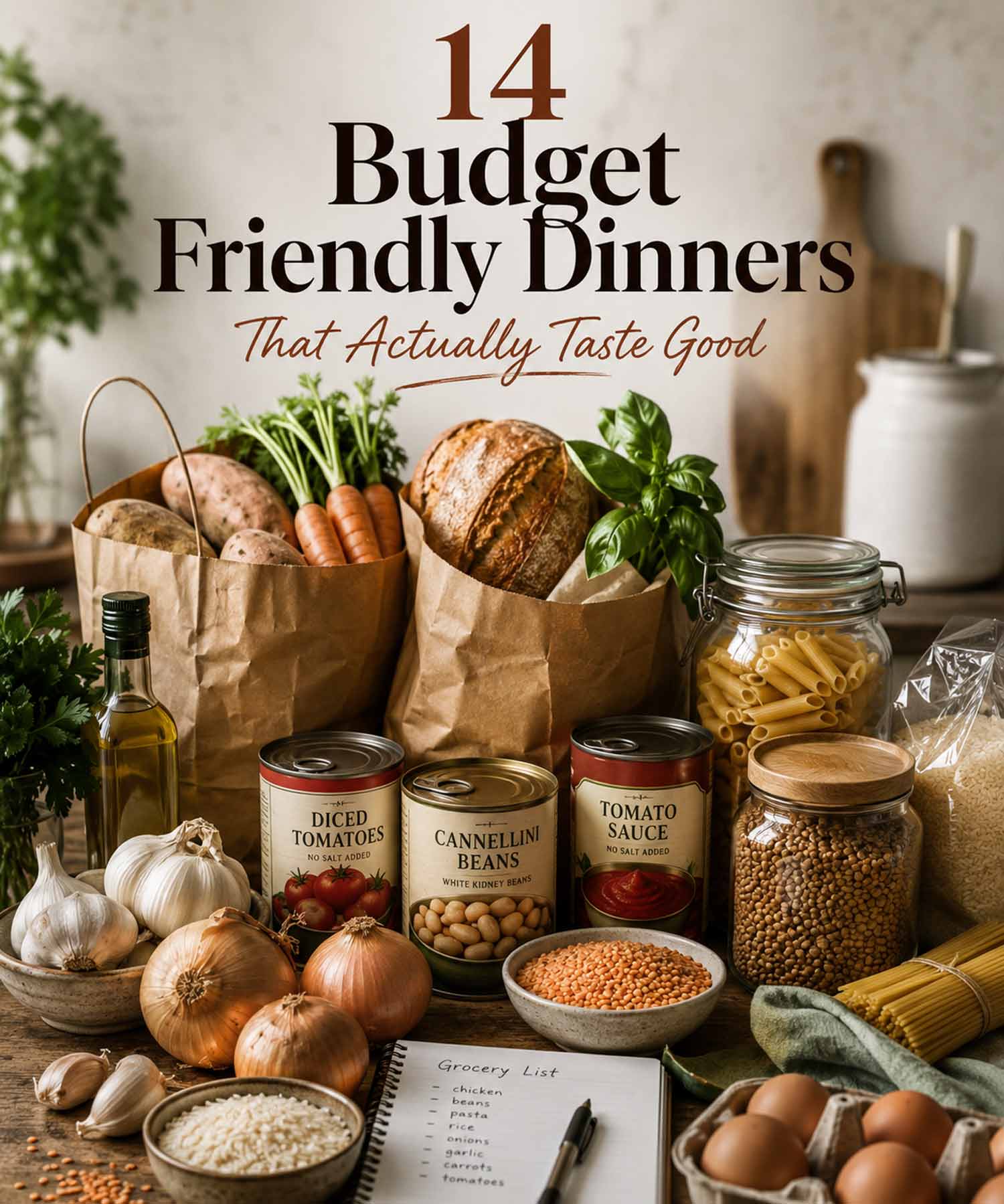 Vertical hero image featuring pantry staples, fresh produce, grocery bags, canned goods, and bread with elegant Budget Friendly Dinners title overlay.
