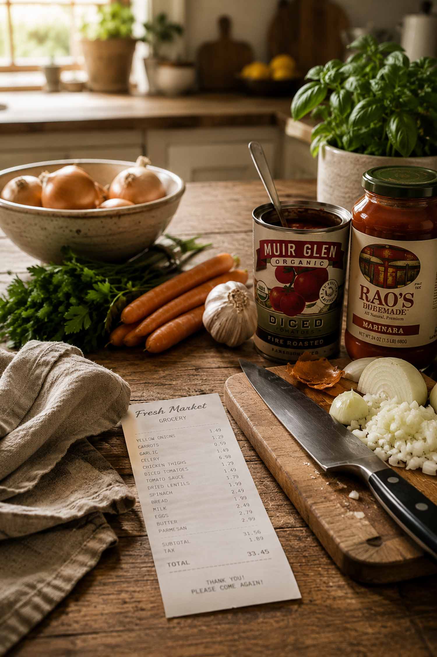 Rustic kitchen table with chopped onions, fresh vegetables, canned tomatoes, grocery receipt, cutting board, and chef's knife ready for home cooking.