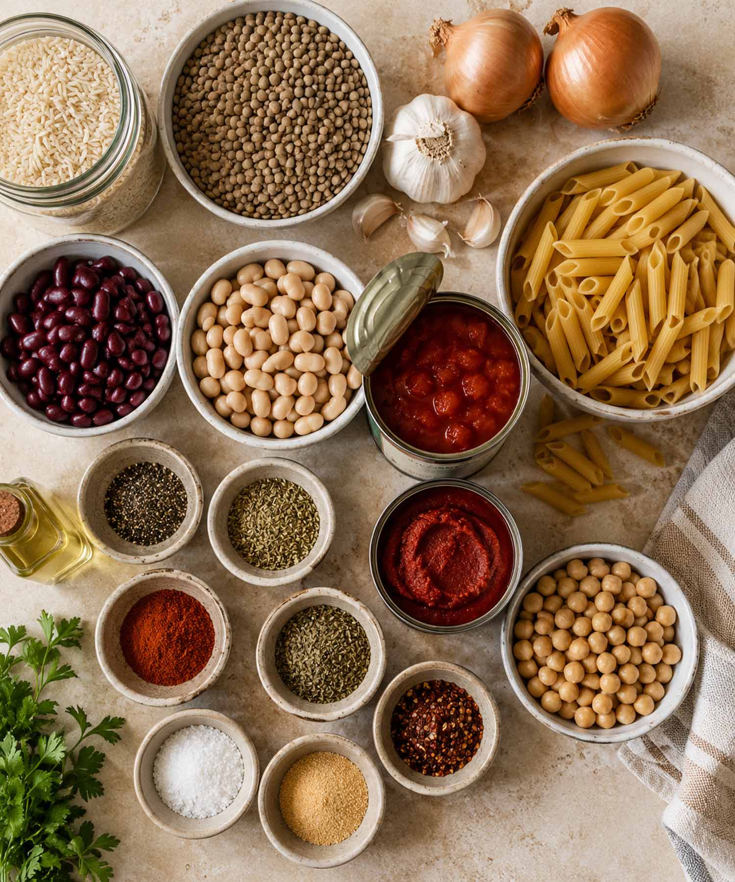 Overhead flat lay of pantry staples including rice, pasta, lentils, canned beans, tomato paste, spices, garlic, and onions for budget cooking.