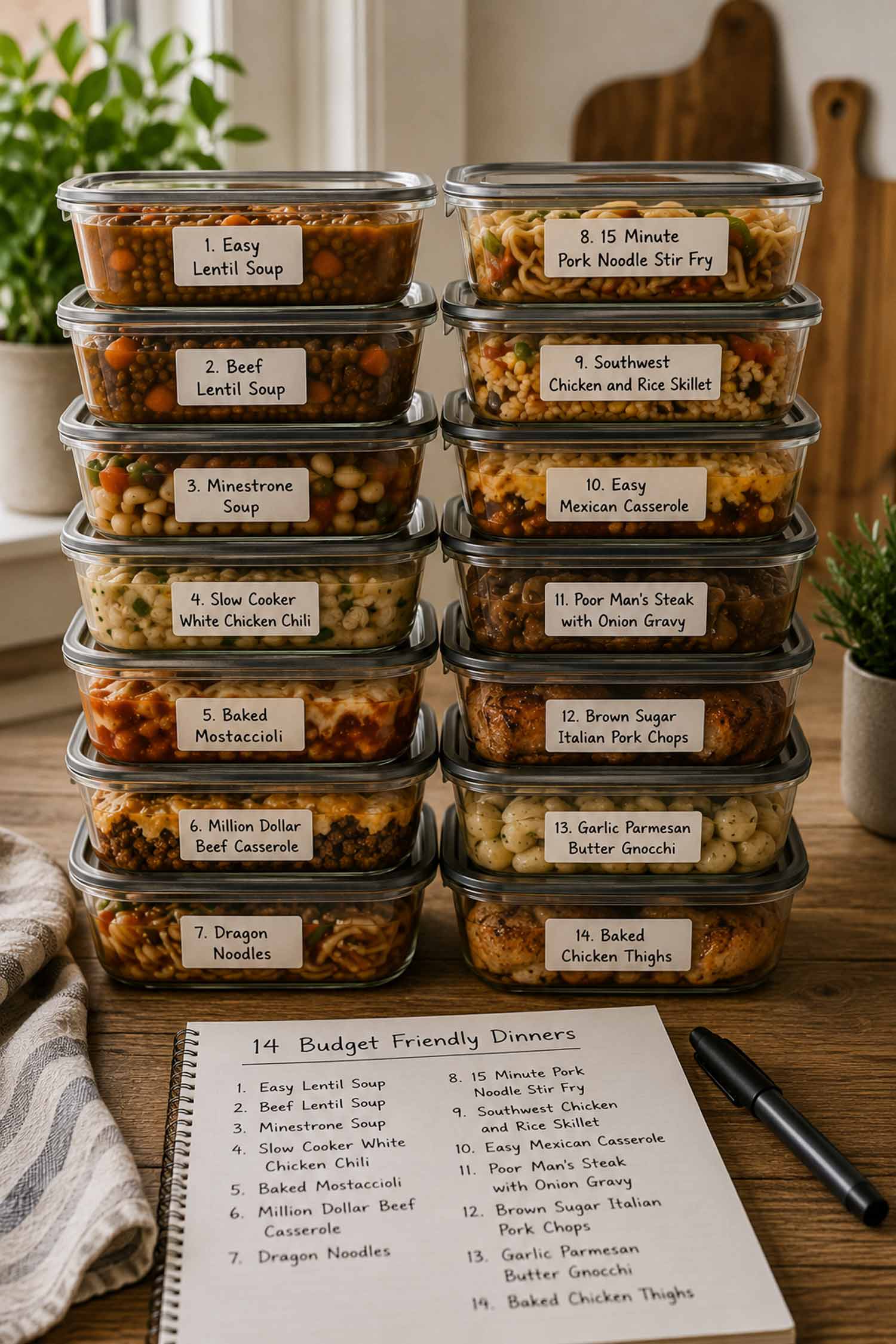 Stacked glass meal prep containers filled with budget-friendly homemade dinners, each labeled with a different comforting recipe perfect for leftovers.