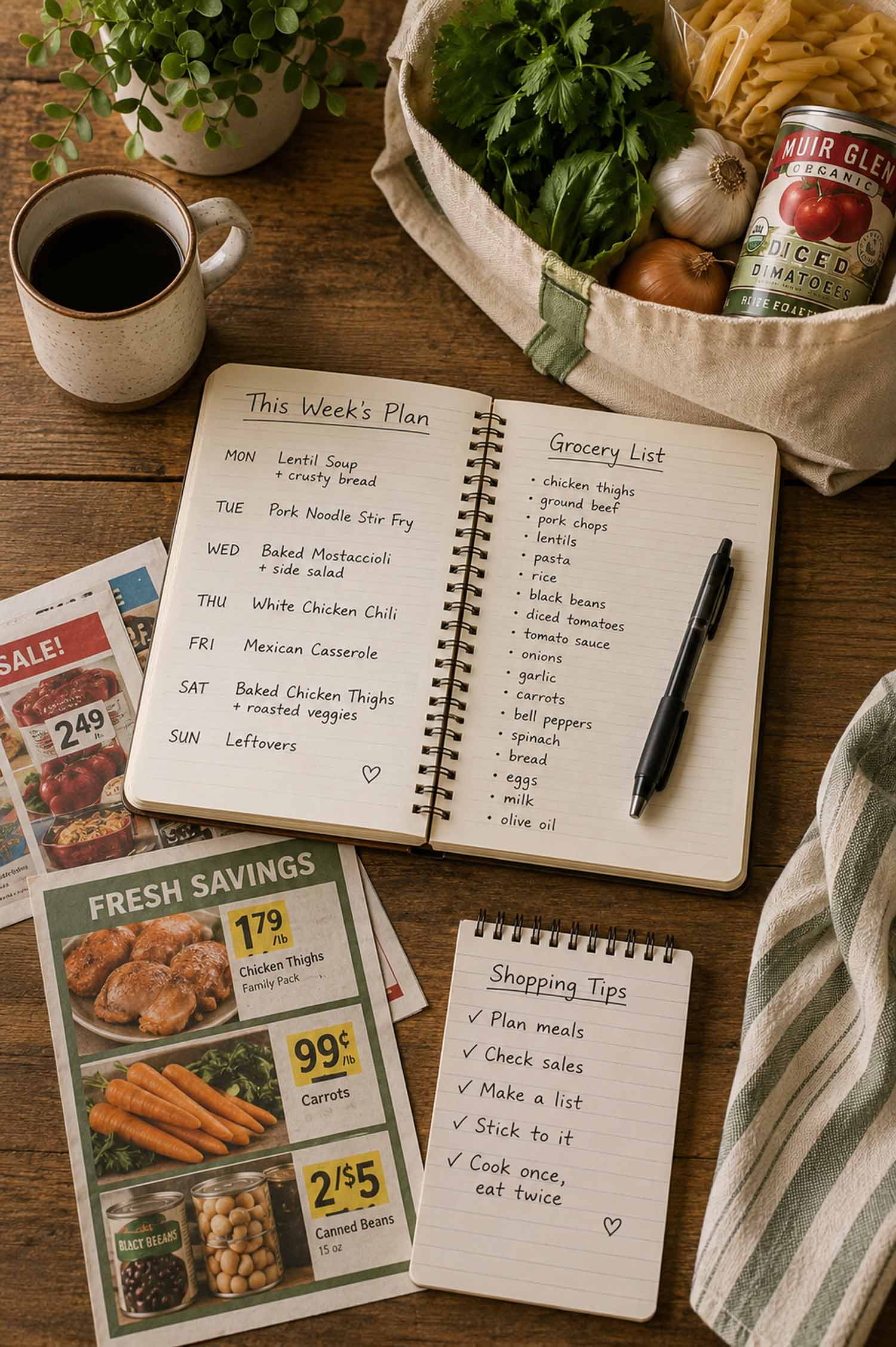Overhead meal planning scene with a weekly menu, grocery list, sale flyers, coffee, and pantry staples arranged on a rustic wooden table.