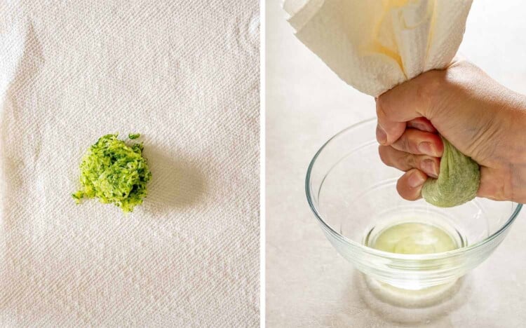Grated cucumber rests on a cloth before being squeezed by hand over a glass bowl to remove excess liquid.