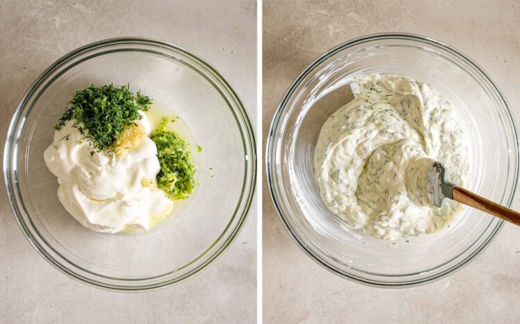 Two-step view showing tzatziki ingredients in a glass bowl, then stirred together into a creamy, herb-filled sauce.