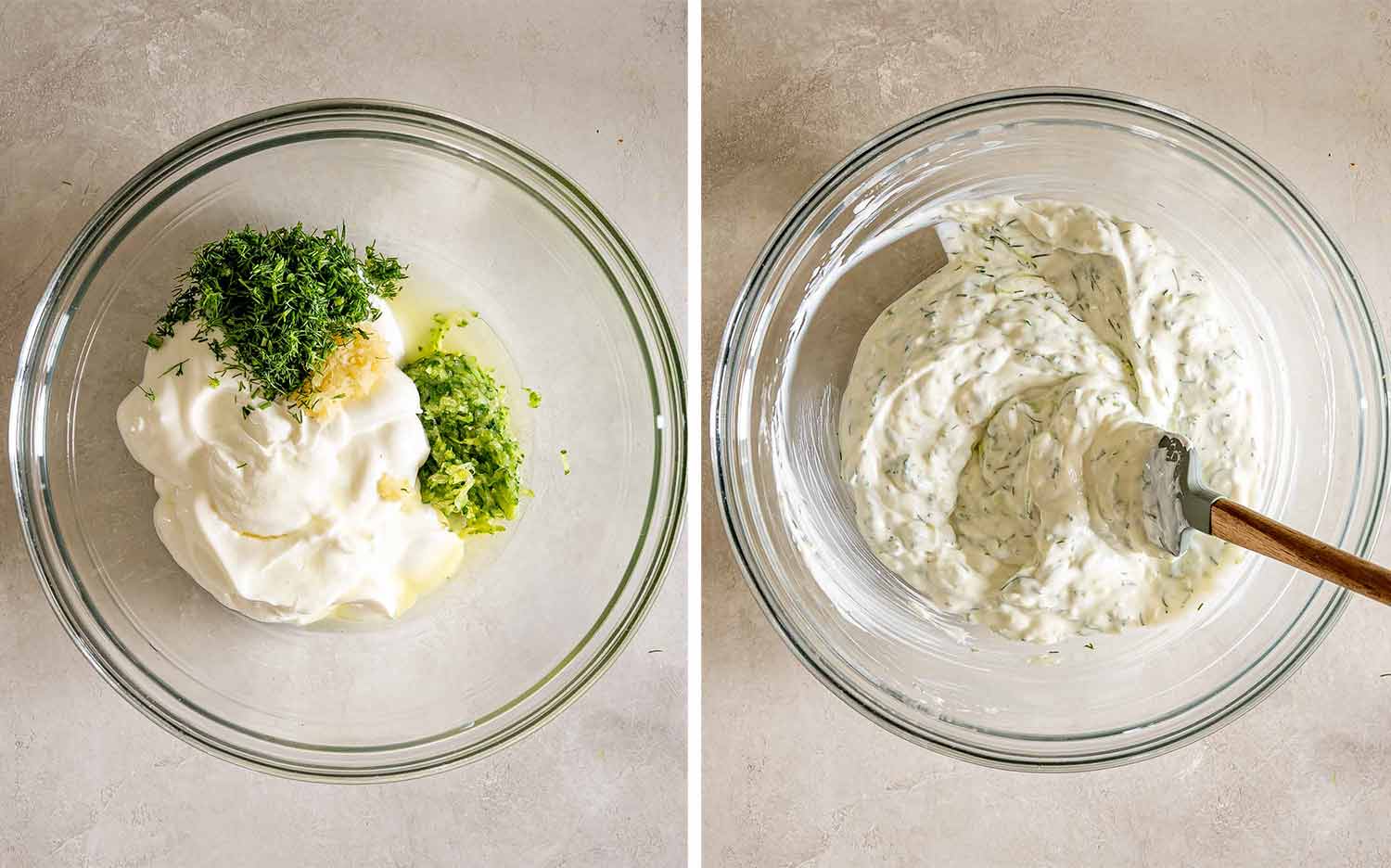 Two-step view showing tzatziki ingredients in a glass bowl, then stirred together into a creamy, herb-filled sauce.