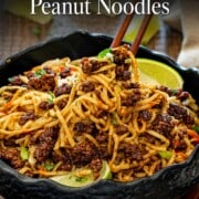 Pinterest graphic featuring caramelized beef and peanut noodles in a black bowl with the recipe title displayed above.