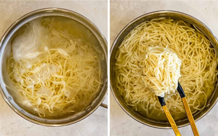 Two-panel overhead view showing lo mein noodles boiling in water, then lifted from the pot with kitchen tongs.