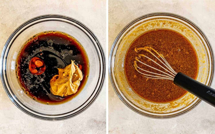 Two-panel overhead view of peanut sauce ingredients in a glass bowl, then whisked together until smooth and evenly combined.