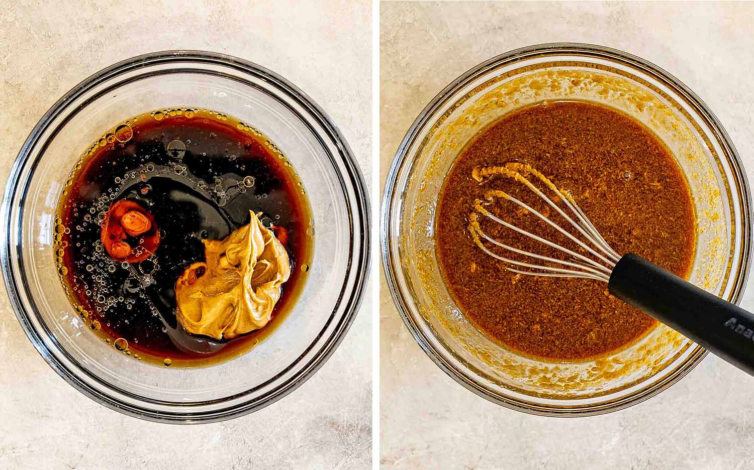 Two-panel overhead view of peanut sauce ingredients in a glass bowl, then whisked together until smooth and evenly combined.