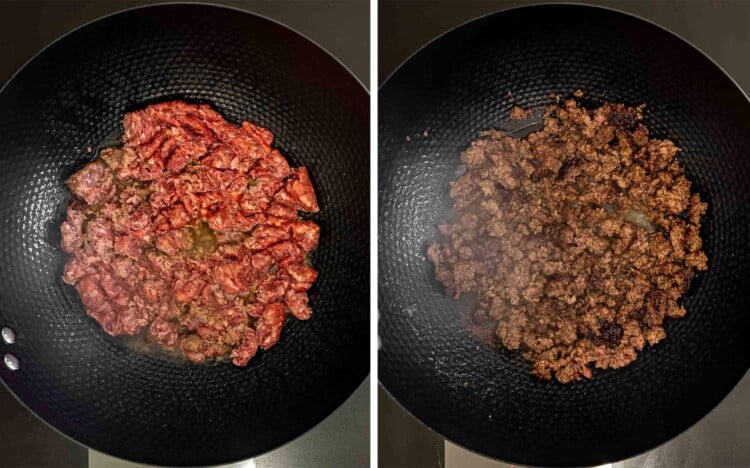Two-panel overhead view showing ground beef browning in a black wok, followed by deeply caramelized, crisp beef crumbles.