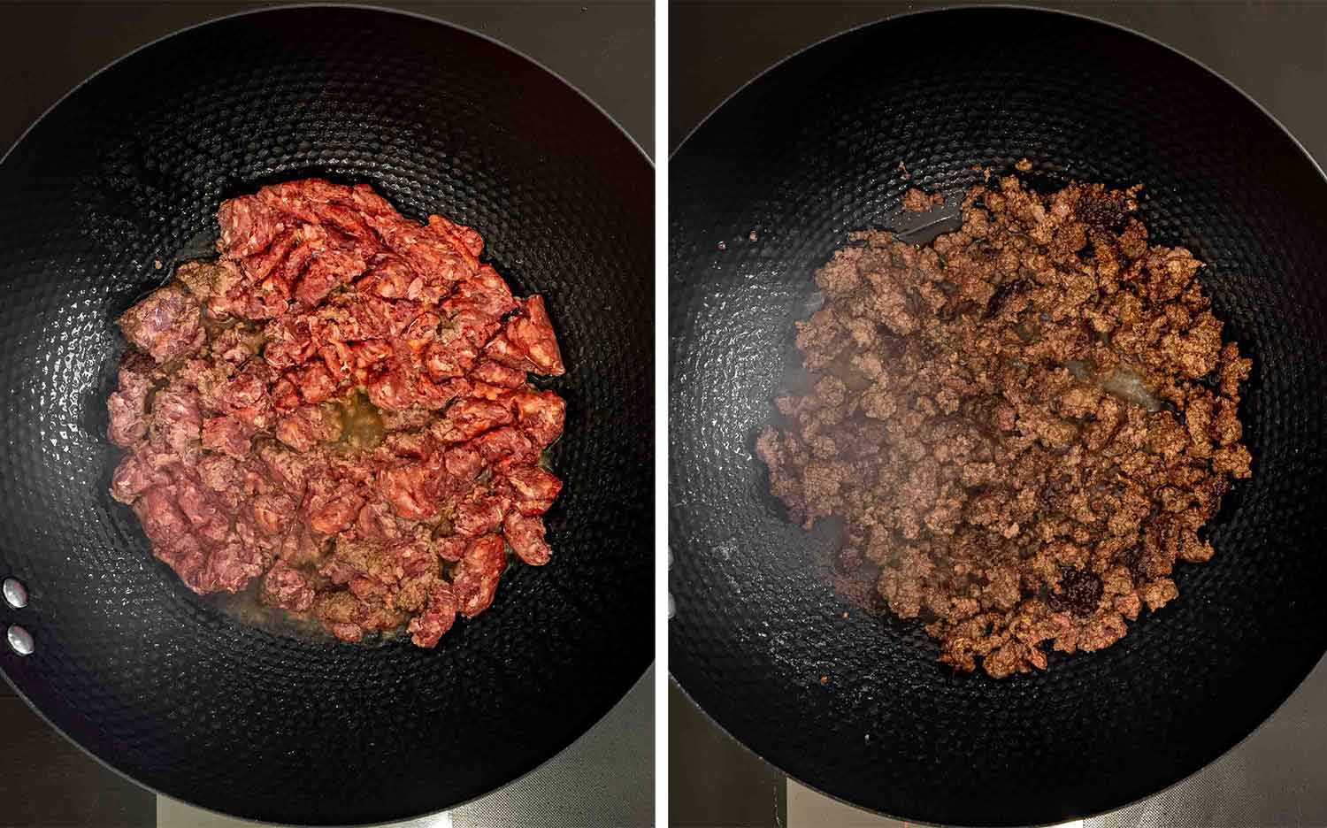 Two-panel overhead view showing ground beef browning in a black wok, followed by deeply caramelized, crisp beef crumbles.