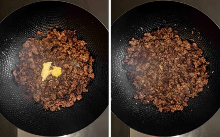 Two-panel overhead view showing minced garlic and grated ginger added to browned ground beef, then cooked together until fragrant.