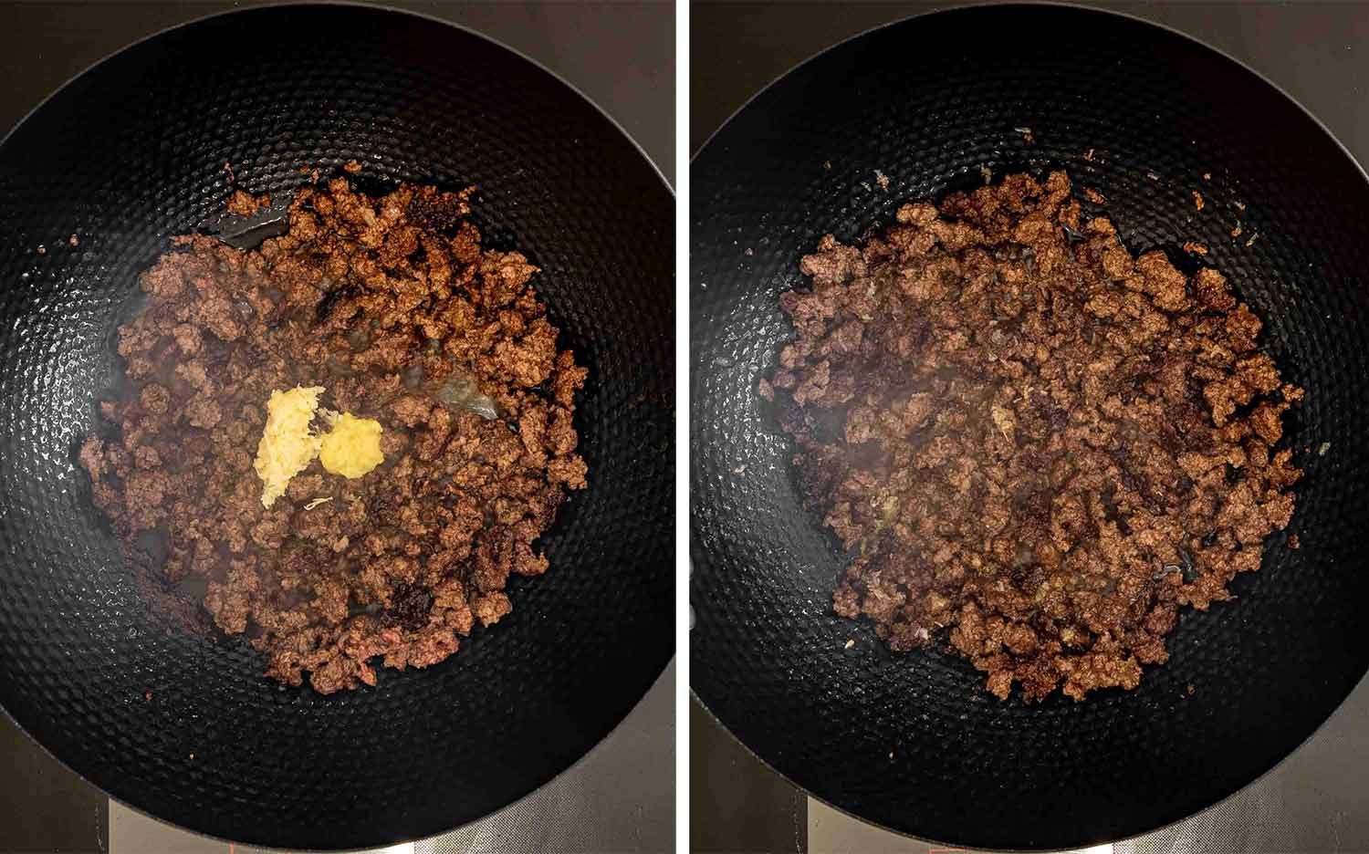 Two-panel overhead view showing minced garlic and grated ginger added to browned ground beef, then cooked together until fragrant.