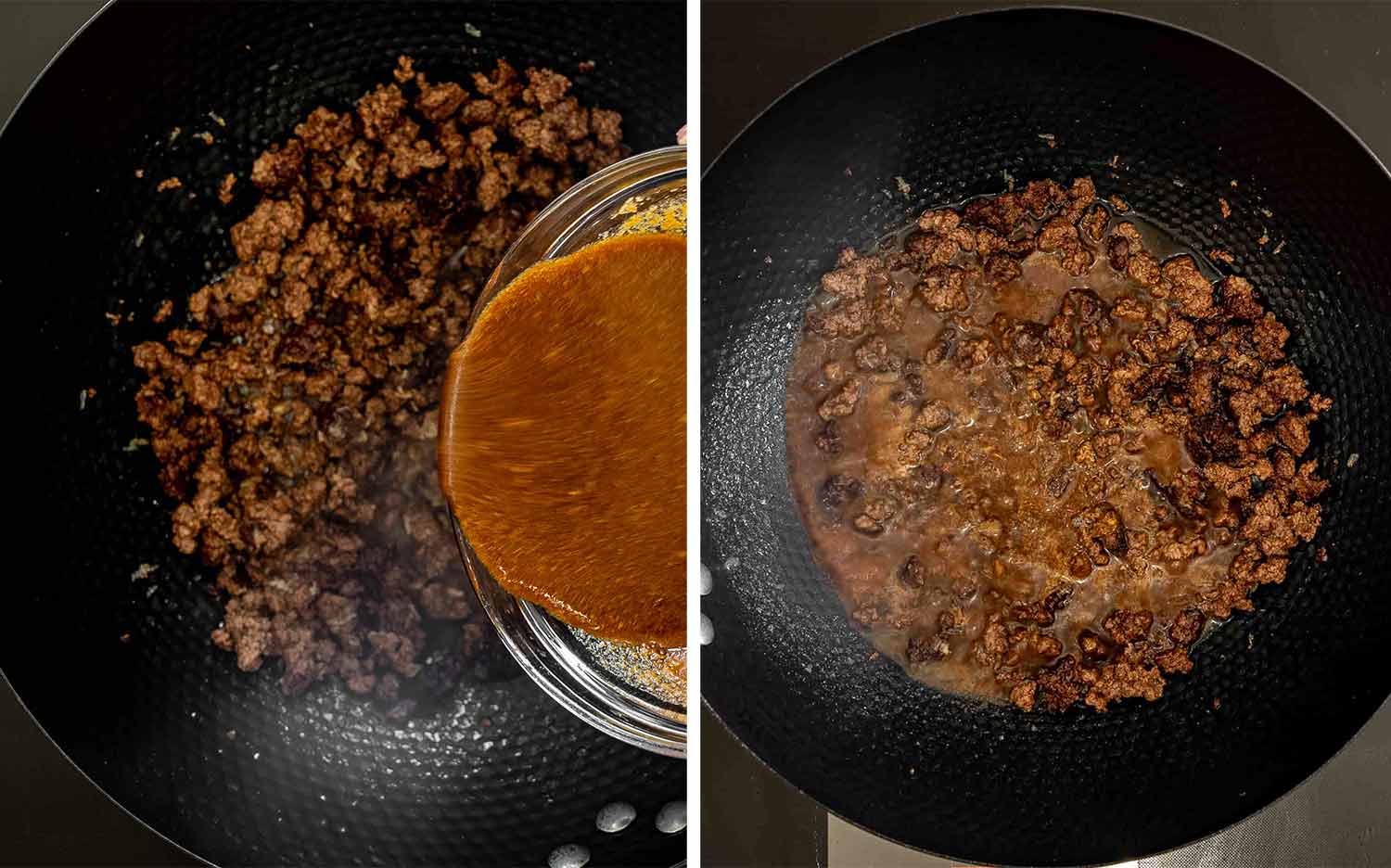 Two-panel overhead view of prepared sauce being poured over browned ground beef, then simmering together inside a black wok.