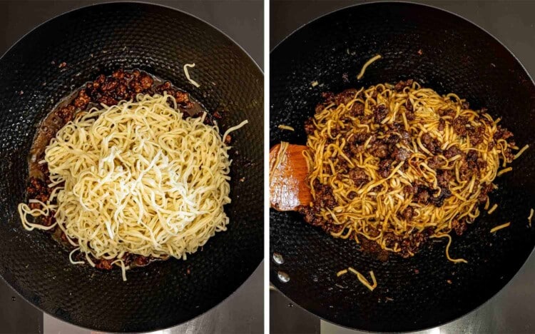Two-panel overhead view showing cooked noodles added to saucy caramelized beef, then thoroughly tossed together in a black wok.