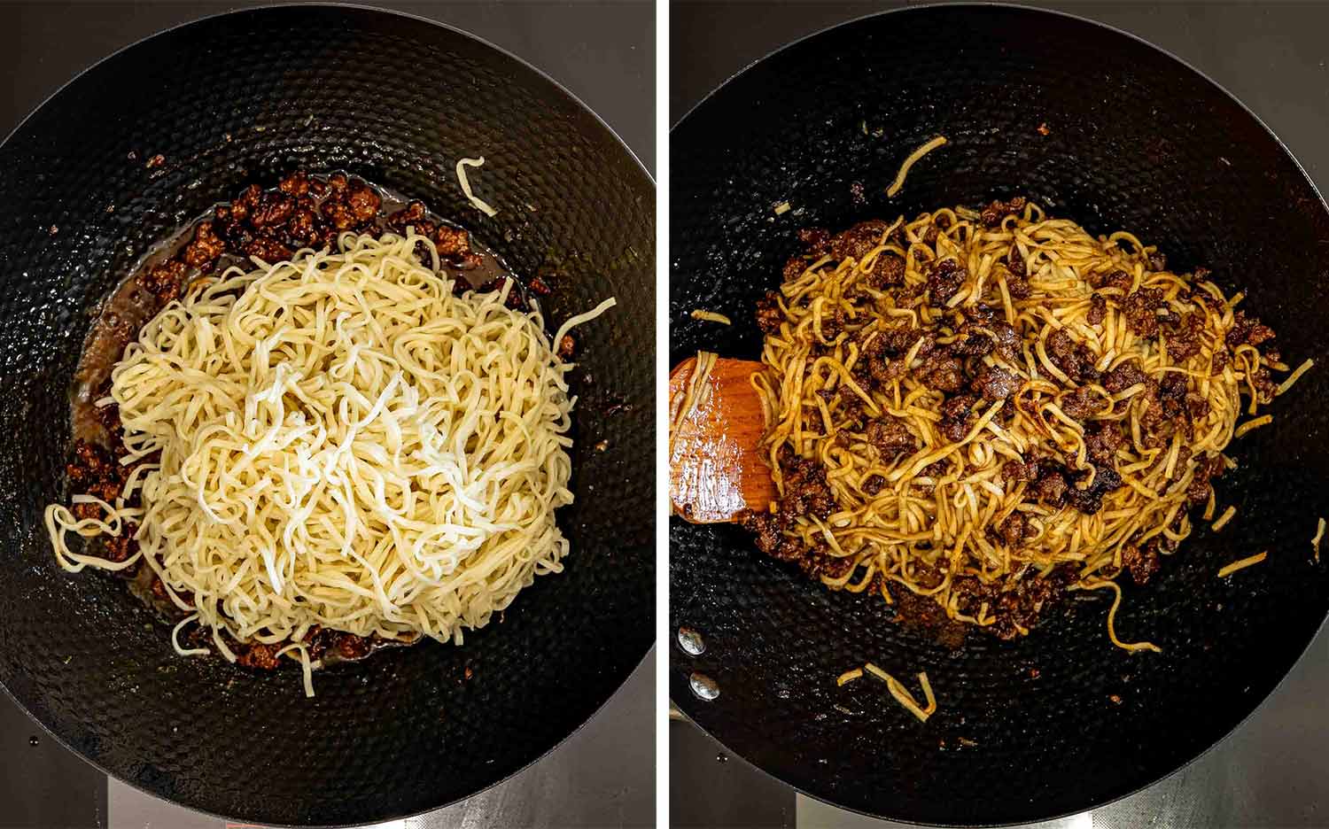 Two-panel overhead view showing cooked noodles added to saucy caramelized beef, then thoroughly tossed together in a black wok.
