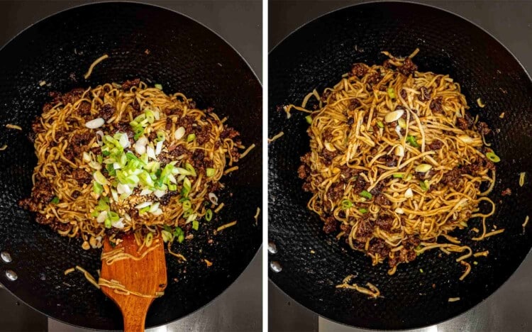Two-panel overhead view of beef noodles topped with green onions and peanuts, then tossed together in a black wok.
