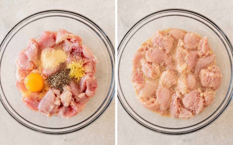 Chicken, egg, ginger, and seasonings appear before mixing beside the same chicken evenly coated in the wet egg mixture.