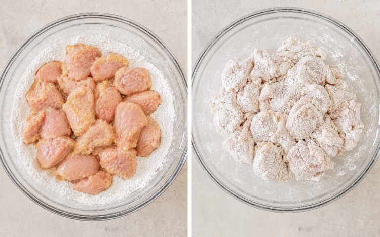 Wet egg-coated chicken sits on cornstarch and flour beside chicken pieces fully tossed in the dry coating mixture.