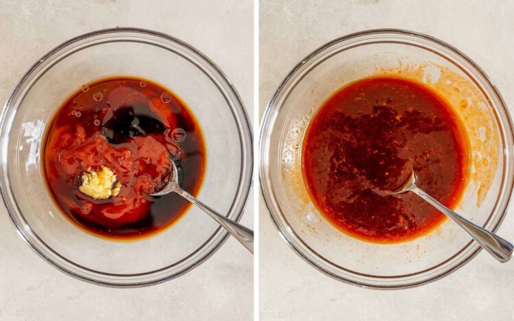 Gochujang sauce ingredients sit unmixed in a glass bowl beside the smooth, whisked red sauce ready for cooking.