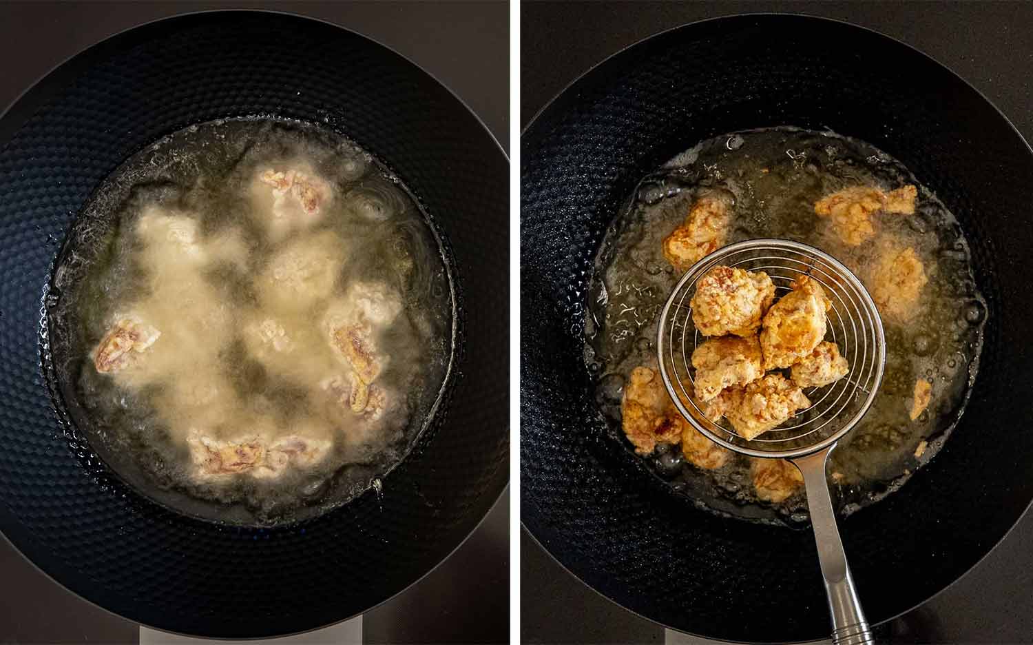 Chicken pieces fry in bubbling oil beside a photo of golden pieces being lifted with a wire skimmer.