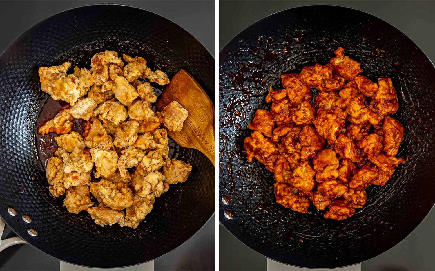 Side-by-side process photos show crispy fried chicken before and after being coated in the glossy red gochujang sauce.