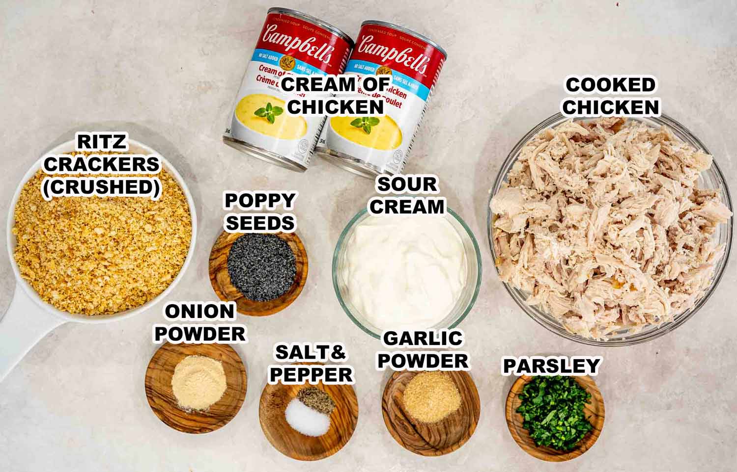 Labeled ingredients for poppy seed chicken casserole include shredded chicken, soup, sour cream, crackers, seasonings, and parsley.