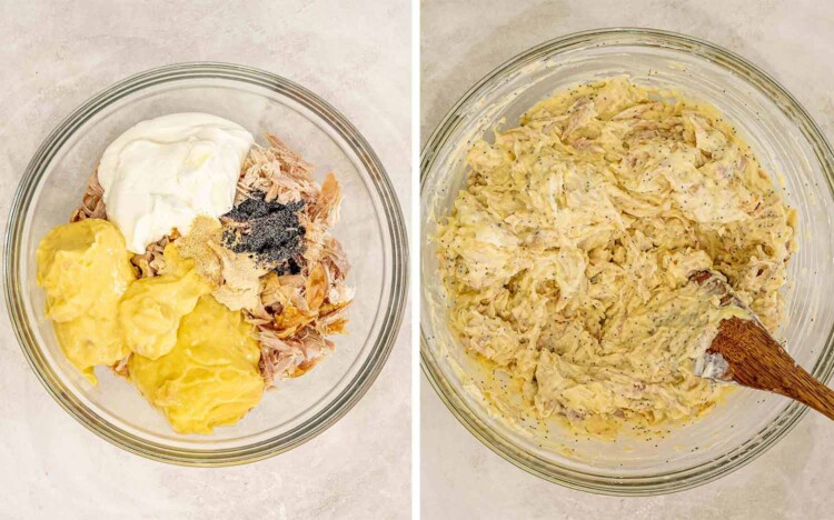 Shredded chicken, soup, sour cream, seasonings, and poppy seeds are mixed into a thick, creamy filling.