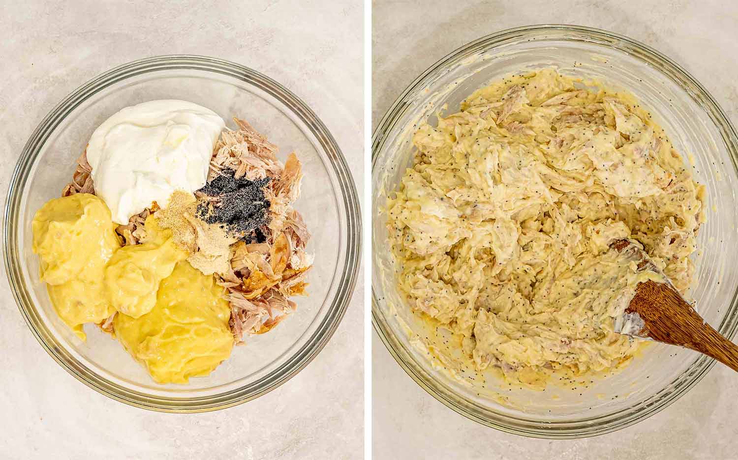 Shredded chicken, soup, sour cream, seasonings, and poppy seeds are mixed into a thick, creamy filling.