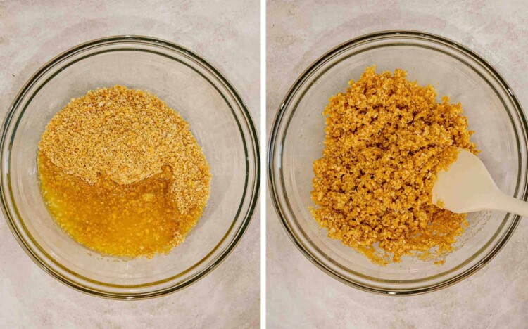 Crushed Ritz crackers and melted butter are combined, then stirred together to create the casserole&rsquo;s golden topping.