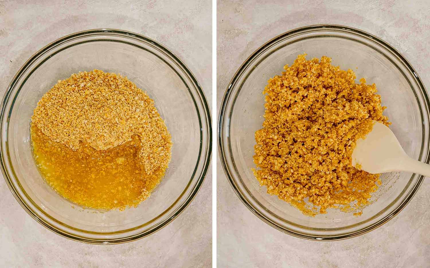 Crushed Ritz crackers and melted butter are combined, then stirred together to create the casserole’s golden topping.