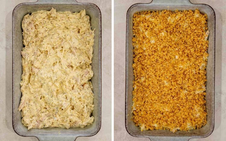 Creamy chicken mixture fills a baking dish before being covered evenly with a buttery crushed cracker topping.