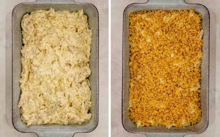 Creamy chicken mixture fills a baking dish before being covered evenly with a buttery crushed cracker topping.