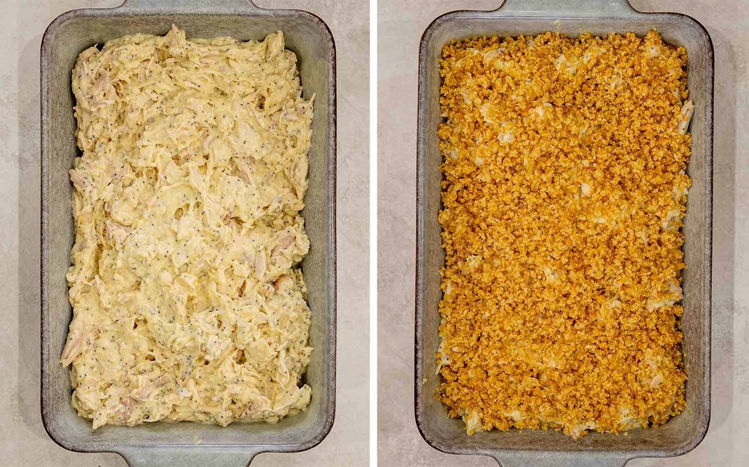 Creamy chicken mixture fills a baking dish before being covered evenly with a buttery crushed cracker topping.