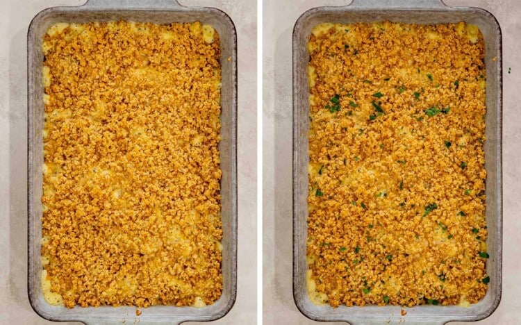 Side-by-side overhead views show baked poppy seed chicken casserole before and after a garnish of fresh parsley.