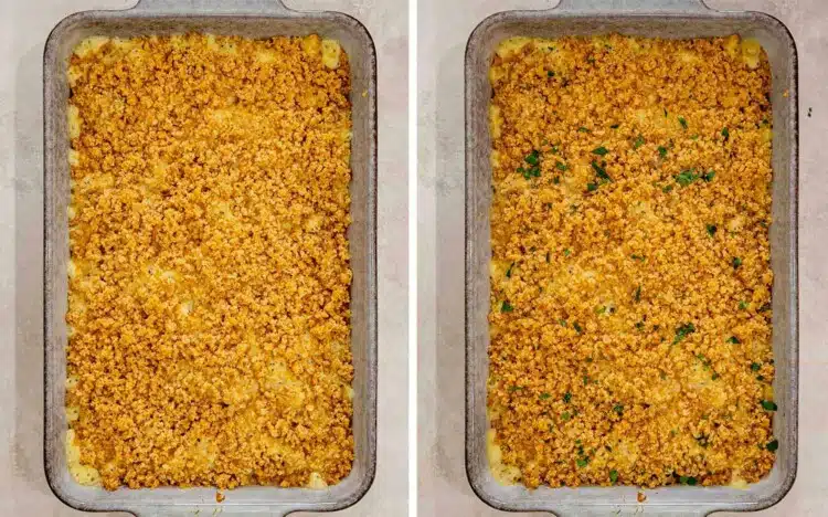 Side-by-side overhead views show baked poppy seed chicken casserole before and after a garnish of fresh parsley.
