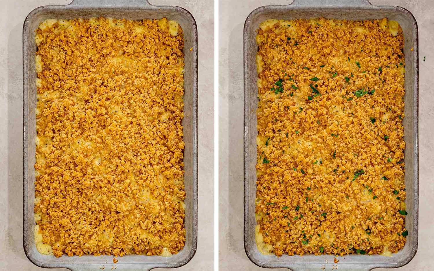 Side-by-side overhead views show baked poppy seed chicken casserole before and after a garnish of fresh parsley.