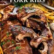 Tender Memphis-style pork ribs served with fries and barbecue sauce beneath an elegant recipe title overlay.